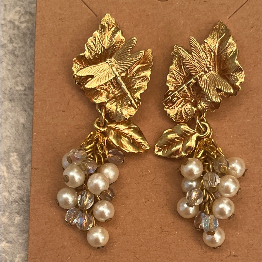 Kirks Folly Vintage dragonfly and crystals and pearls post earrings